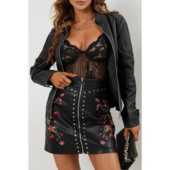 Women Black Faux Leather Casual Jacket Moto Biker Short Coat - Picture 9 of 9